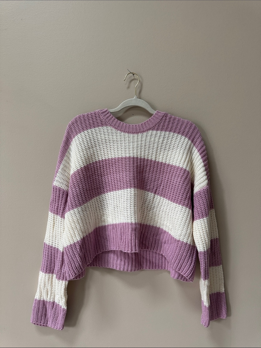 Striped Cropped Knit Sweater in Lavender and White
